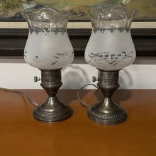 Vintage Empire Sterling Silver and Etched Glass Weighted Hurricane Lamps Patina
