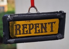 Stained Glass Repent church amber leaded hanging piece 6 cm x 3.5 cm