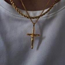 Gold Cross Necklace Set, Jesus Cross Pendant, Mens Necklace, Crucifix,