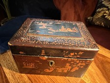 Antique Japanned Lacquer Tea Caddy Box with Lead Liner Chinoiserie 19thC