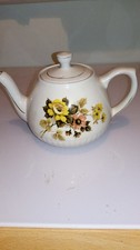Teapot Ellgreave Wood & Sons England Floral Yellow Gold Trim Ironstone Vtg