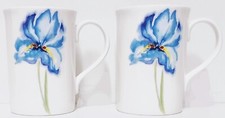 Blue Iris Mugs Bone China Set of 2 Lovely Floral Watercolour 300 ml Windsor Cups