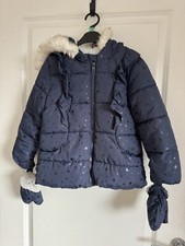 TU Girls Winter Warm Fleece Coat In Star Print With Mittens & Fluffy Hood