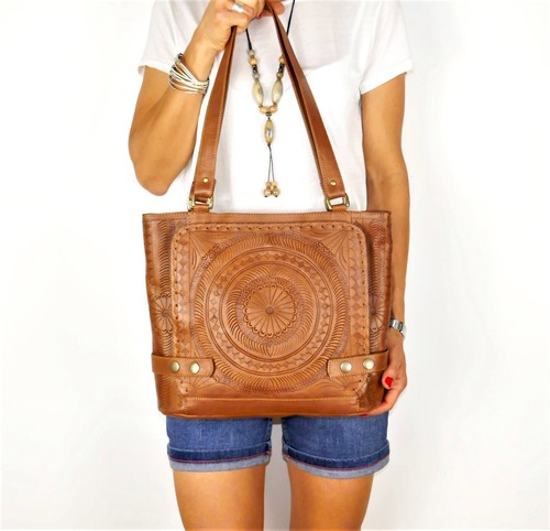 Tan tooled handmade leather - tooled,
