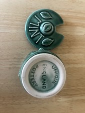 Vintage Unique Pottery Small Green Lidded Mint Sauce Face Pot Jar. VGC