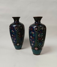 Antique Pair Of Blue Black Japanese Cloisonne Butterfly Vases