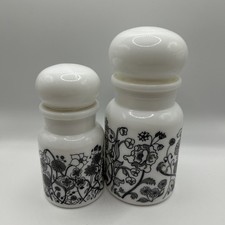 2 Retro Milk Glass Storage Jars, With Black Floral Design, made in Belgium
