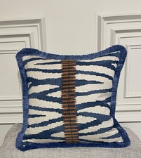 Jane Churchill Embroidered Linen Blue Feather Cushion Trimmed