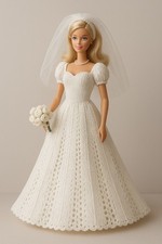 Knitting Pattern Only- Bridal White Wedding Dress Barbie Gown Bouquet Lace