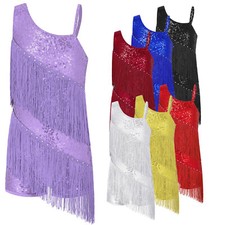 UK Girls Sequins Ballroom Costumes Tassel Latin Dress Dancewear Samba Dancewear 