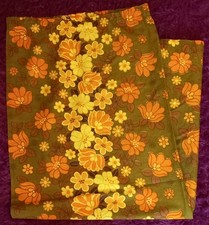 Original Retro Vintage 70s Orange, Yellow & Brown Flower Pattern Fabric Curtain 