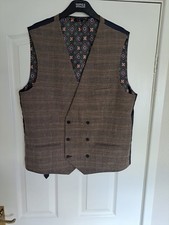  Next double brested beige brown check wool mix slim fit waistcot 44 chest NWOT