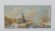 Oil Painting Winter Scene Skaters Dutch River Church Signed on Black Board