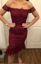 Lipsy Feather Bodycon Burgundy Dress 8 Bardot Occasion Wedding Party Cocktial