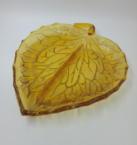 Vintage amber glass leaf dish - amber,
