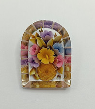 VINTAGE REVERSE CARVED LUCITE BROOCH. HAND PAINTED. FLORAL. ARCH. 4.5cm TALL