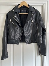 Zara Cropped Biker Jacket Black Faux Leather Size Medium NEW UNWORN Lined Zip Up