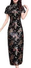 UK Stock Black Dragon & Phoenix Chinese Long Evening Party Dress Qipao Cheongsam