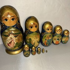 VTG Authentic Hand-Painted 10-Piece Russian Matryoshka Nesting Doll Set - Signed