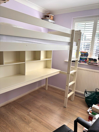 White wooden single loft bed - single,
