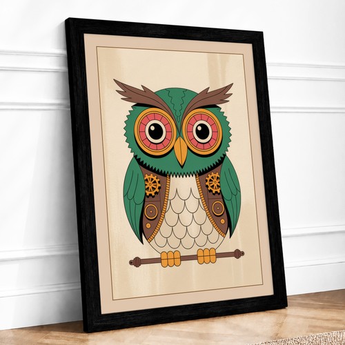 Folk art owl retro framed - retro,