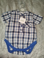 Nursery Time Baby Boy Shirt Romper Suit 6-12 Months Blue Beige Check Babygrow