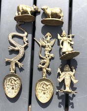 Vintage Hindu Brass Temple Worship Spoons, Deities & Animals