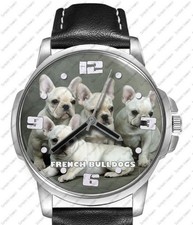 French Bulldog Puppies Black Leather Strap Watch