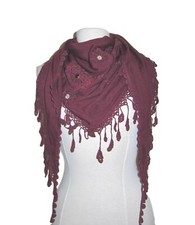 Deep red triangle scarf shawl or wrap applique, pearl beads diamante tassels