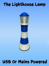 Custom Made Lighthouse Lamp - Mains Or USB Powered - Nautical Theme - Blue-White
