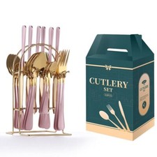 24PC CUTLERY DINNER SET STAINLESS STEEL METAL STAND RACK FORKS TEA SPOONS POLISH