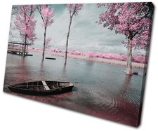 Tree Blossom Pink Sunset Seascape SINGLE CANVAS WALL ART Picture Print