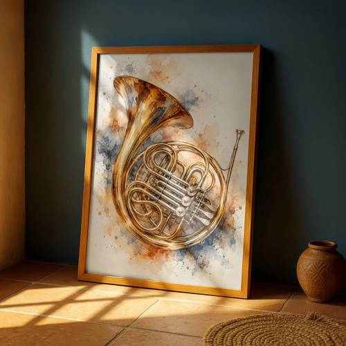 French horn watercolour - horn, art