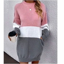 Pink White Grey Colour Block Stretch Knit Jumper Dress | Large UK 12/14 | BNWOT