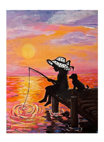 Lake fishing dock girl dog - girl, &