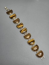 VINTAGE SIGNED MONET GOLD TONE, ENAMEL & TIGERS EYE GEMSTONE BRACELET 7 3/4"