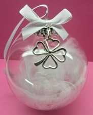 EXTRA LARGE 4 LEAF CLOVER SHATTERPROOF FEATHER FILLED CHRISTMAS BAUBLE.IN WHITE.