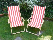 Vintage Retro Folding Deck Chair Wooden Frame Red & White Stripe Garden Seat x2