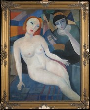 20th CENTURY LARGE SIGNED CUBIST OIL ON PANEL FIGURES INTERIOR - SCHÖNBERGER