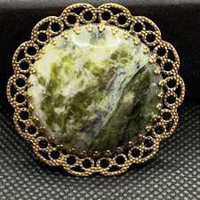 Vintage Brooch Green Moss Agate Cabochon Round Brass Metal Frame Gold Tone
