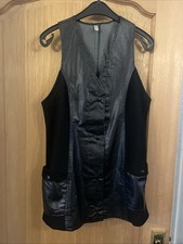 Long Line Black Faux Leather/ Ribbed Waistcoat 10 Stud Fastening 2 Pockets VGC