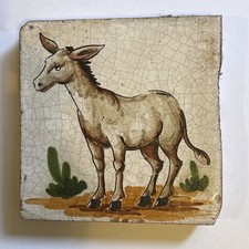 19THC MAIOLICA TIN GLAZE CONTINENTAL TILE with DONKEY DECORATION - HAND PAINTED