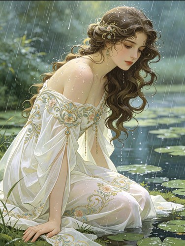 Art nouveau lady the lake - art,