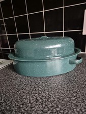 Retro Green Enamel Oval Roaster Roasting Dish Oven Tin Tray Casserole + Lid 33cm