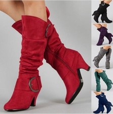 Womens Ladies Mid Heel Winter Twin Buckle Zip Calf Knee Riding Shoes Boots
