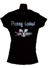 Pussy Lover Ladies Fitted Crystal Design T Shirt   Rhinestone Style ALL SIZES