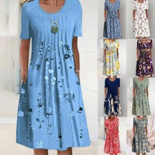 Women's Floral PLUS SIZE Short Sleeve Midi Dress Summer Pockets Pleated Dress UK