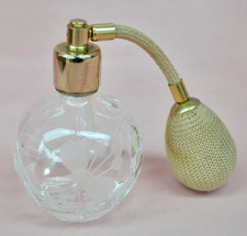 SMALL CUT GLASS PERFUME BOTTLE  - GOLD COLOUR TOP AND GOLDEN PUFFER!