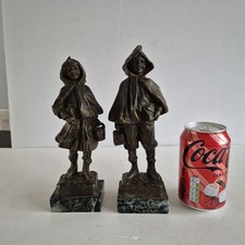 Pair Of Charming Antique Signed Bronze Figures Of Children On Marble Bases