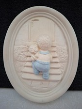 Plaque Oval Decorative Wall Hanging Plaster Moulding a Small Child with His Cat